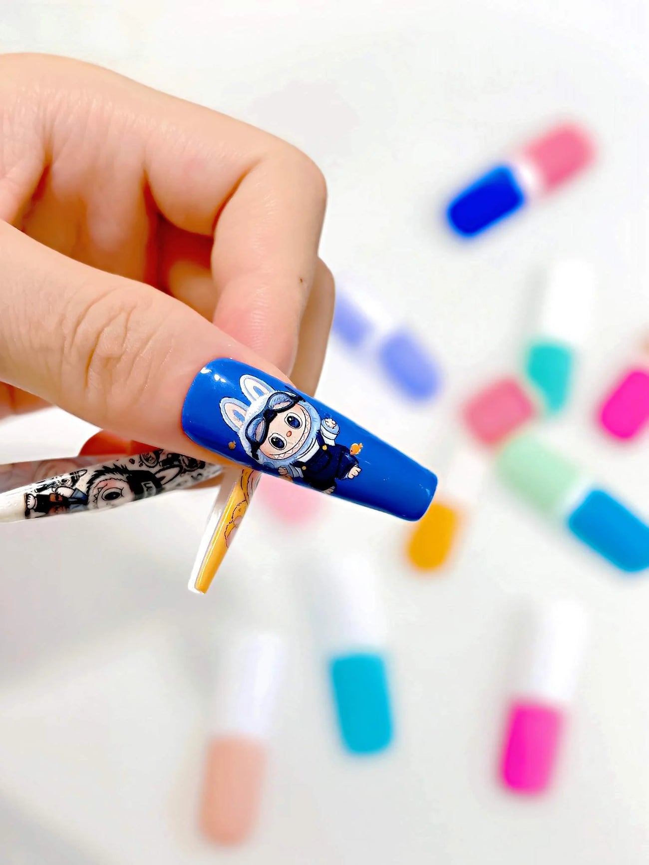 Graffiti Labubu press-on nails close-up view