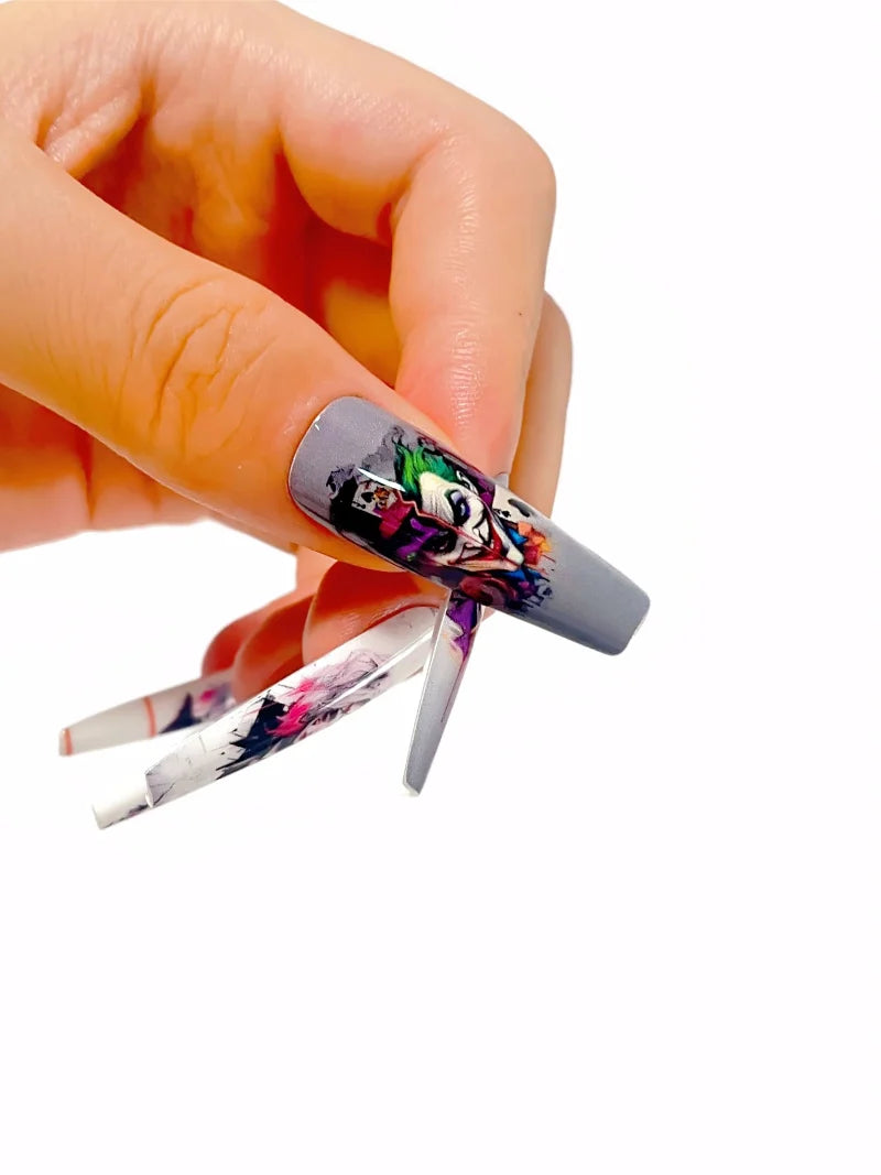 Clown press-on nails design close-up