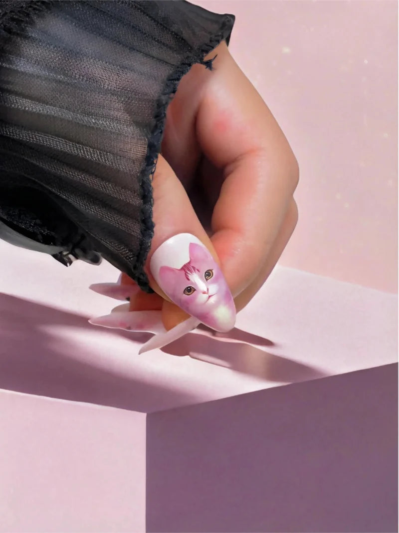 Pink Cat press-on nails design close-up