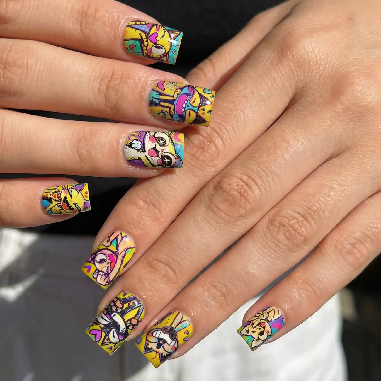 Cute cartoon square press-on nails with glossy short handmade nail art detail view 3