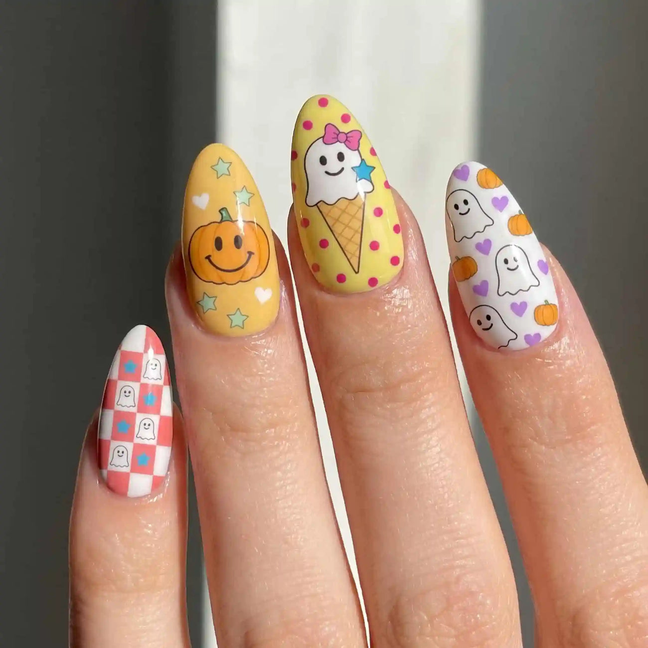 halloween almond press on nails worn look, candy corn and ghost