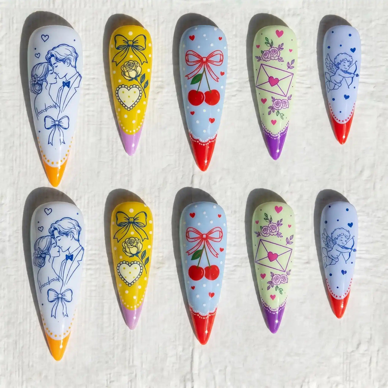 cherry bow french tip stiletto press on nails — wedding bridal design