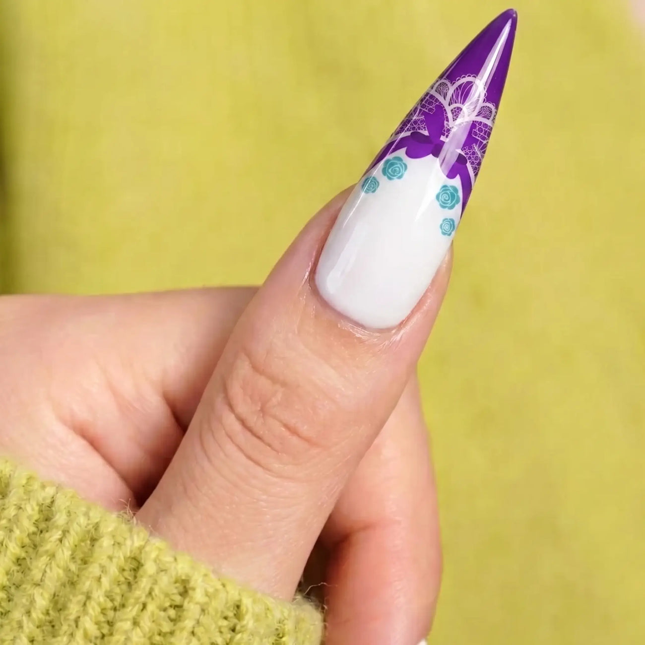 colorful lace wedding press on nails detail, handmade glossy finish