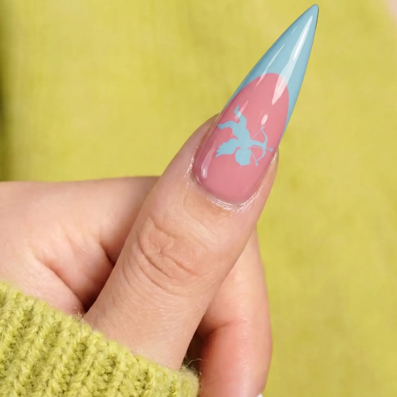 long glossy stiletto french tip press on nails worn look, cupid rose