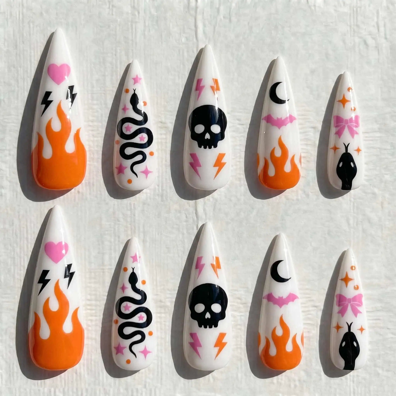 orange flames, snakes, and skulls halloween stiletto press on nails — spooky season design