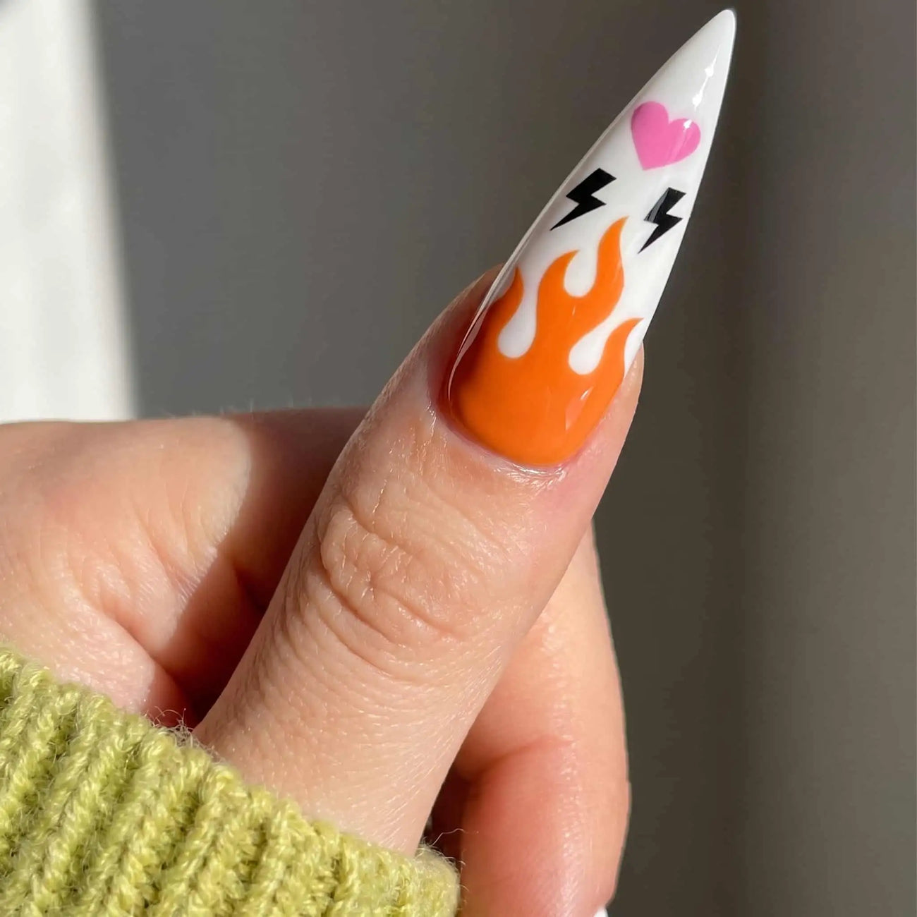 orange flames, snakes, and skulls halloween press on nails detail, handmade glossy finish