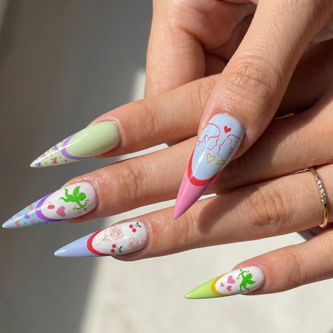 long glossy stiletto french tip press on nails worn look, frog love