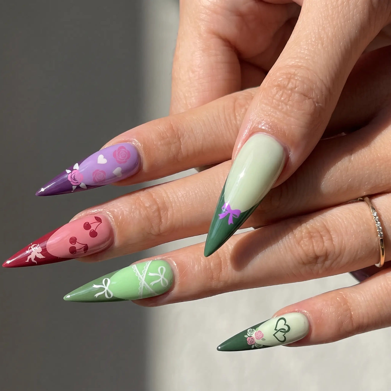 long glossy stiletto french tip press on nails worn look, garden romance
