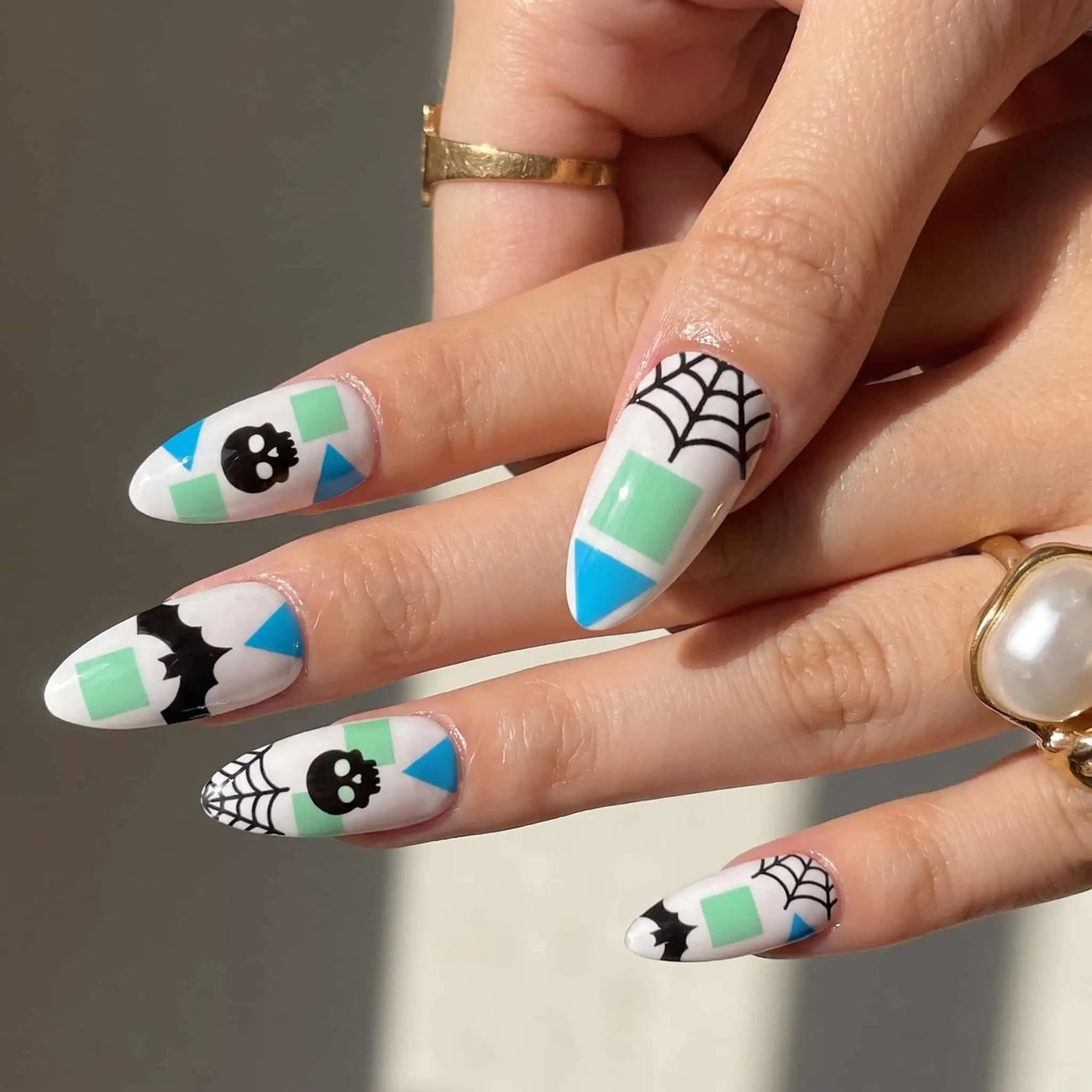 mint geometric skull and bat halloween press on nails detail, handmade glossy finish