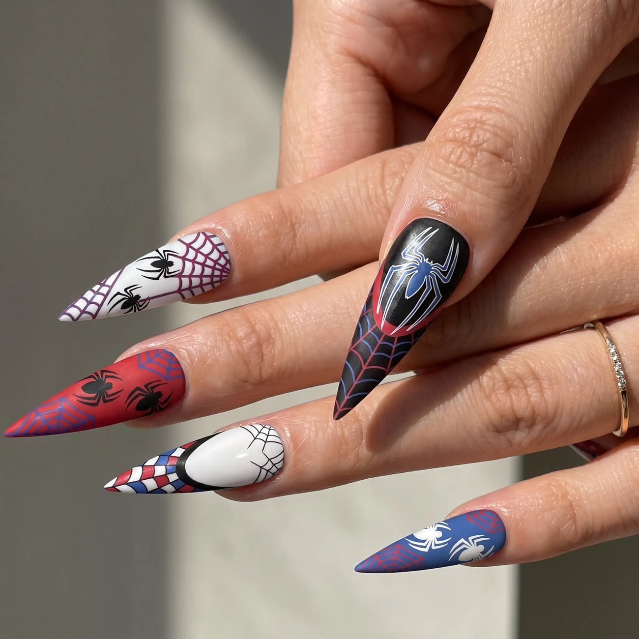 long glossy anime stiletto press on nails worn look, multicolor web art