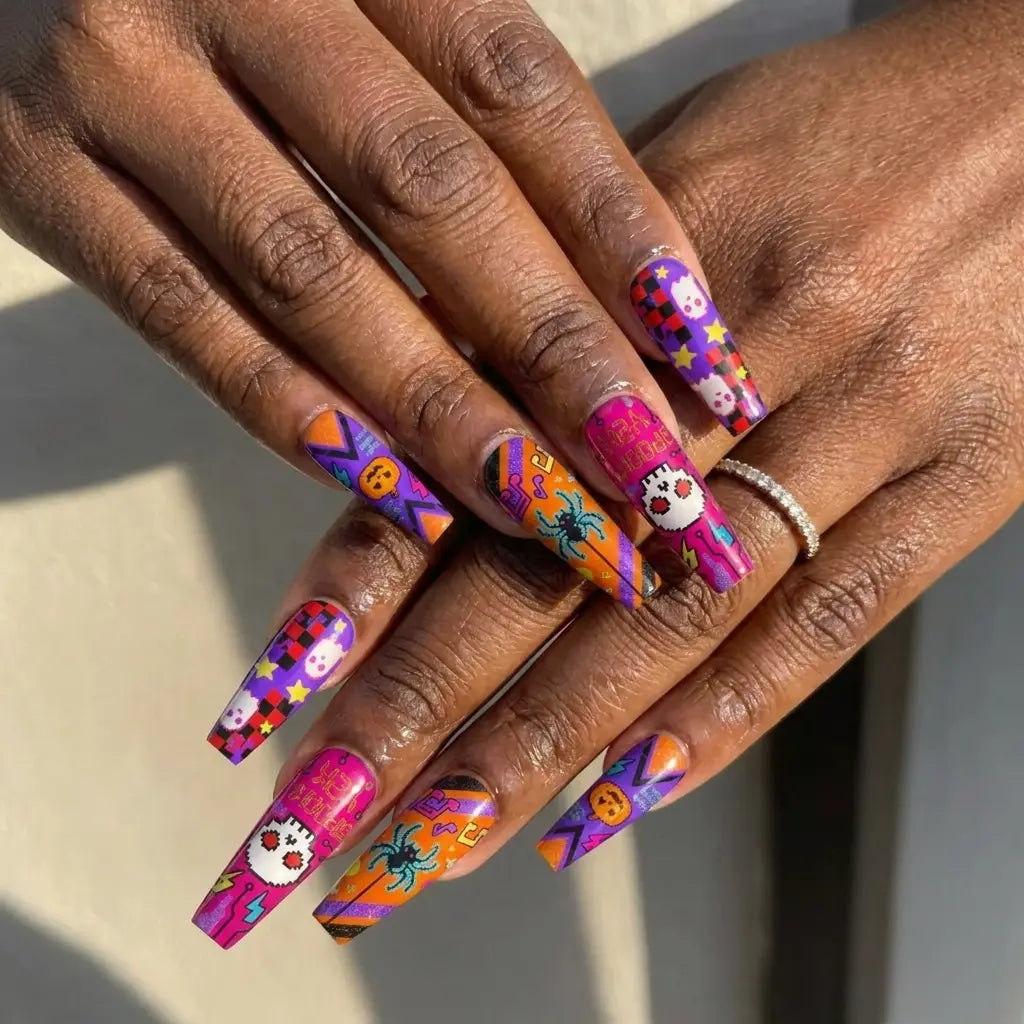 neon pumpkins, skulls, ghosts, and lightning halloween press on nails detail, handmade glossy finish