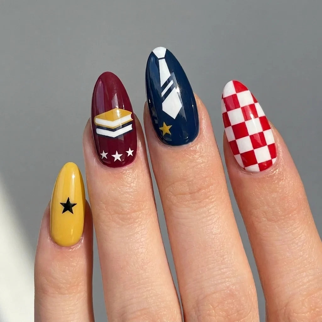 short almond press on nails worn look, varsity shield and star art