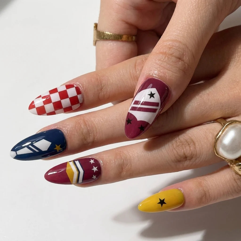 preppy badge and plaid short almond press on nails detail, handmade glossy finish