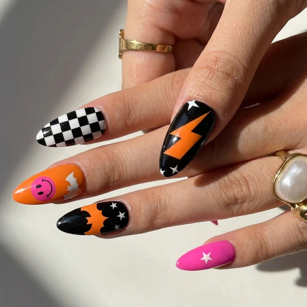 neon smiley bat and lightning short almond press on nails detail, handmade glossy finish