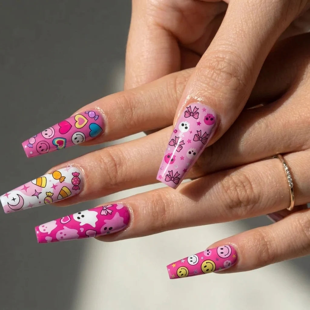 pink candy corn, ghosts, hearts, and bows halloween press on nails detail, handmade glossy finish