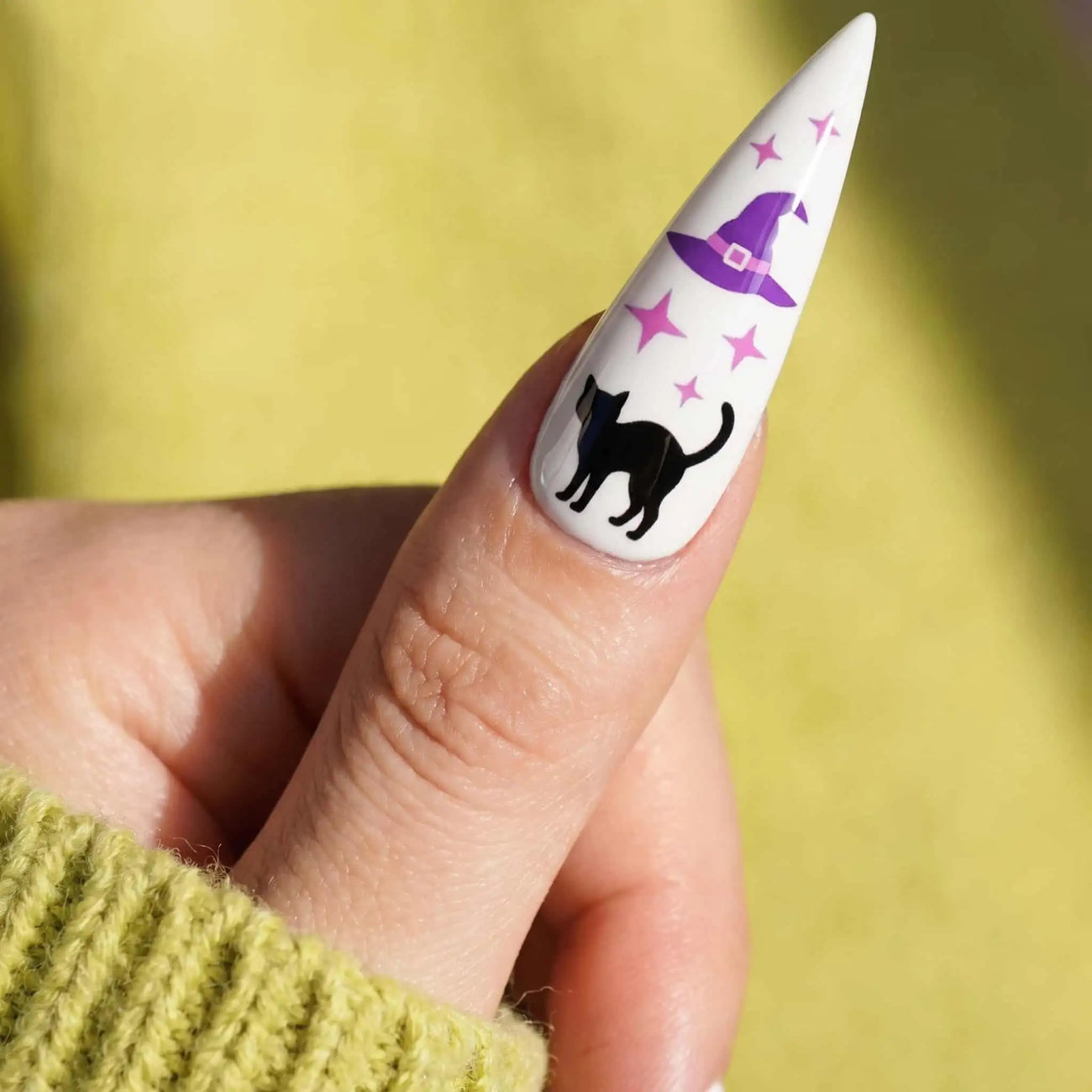 pink witch, black cat, potion, and moon halloween press on nails detail, handmade glossy finish