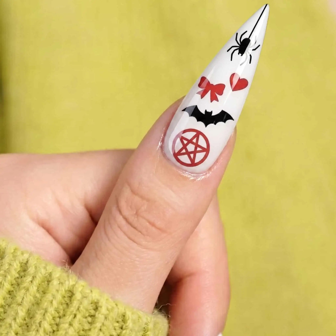 red hearts, bows, bats, and pentagrams halloween press on nails detail, handmade glossy finish