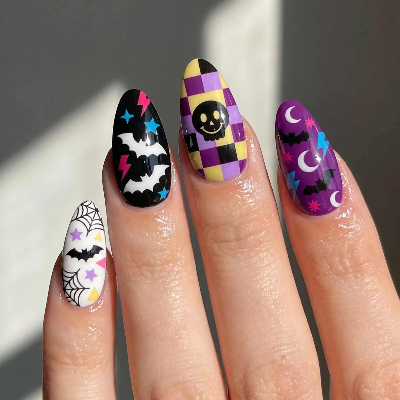smiley face and spider web halloween press on nails detail, handmade glossy finish