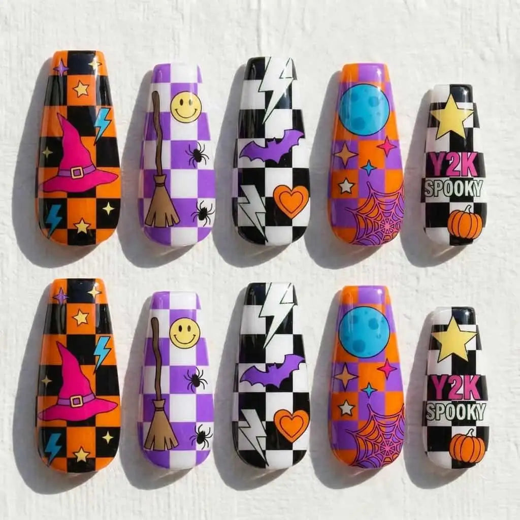 witch, checkerboard, lightning, and spider web patchwork halloween coffin press on nails — spooky season design