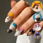 Custom cat portrait press-on nails shown on a hand with the source pet photos.