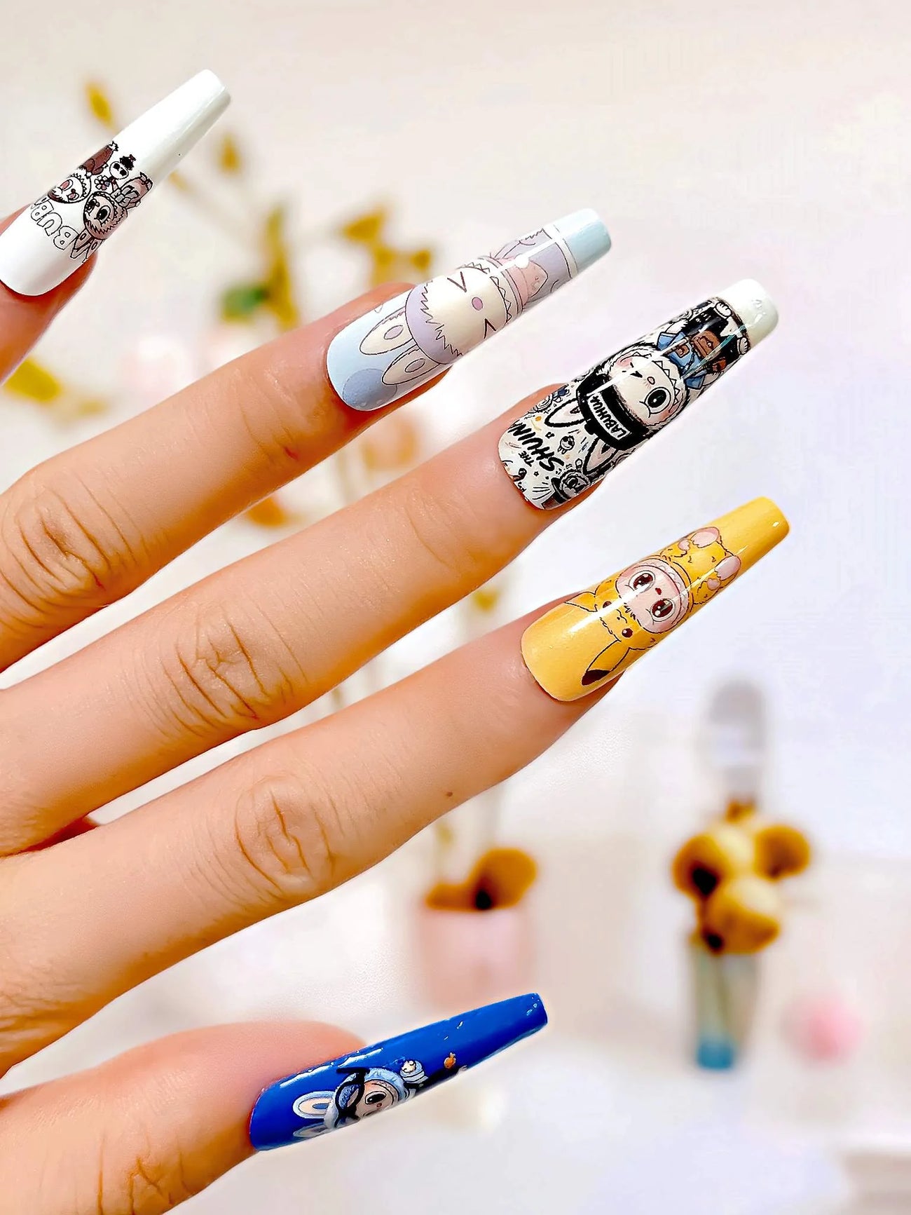 Graffiti Labubu press-on nails detail view