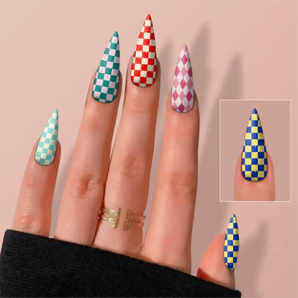 Colorful checkerboard and argyle custom press-on nails