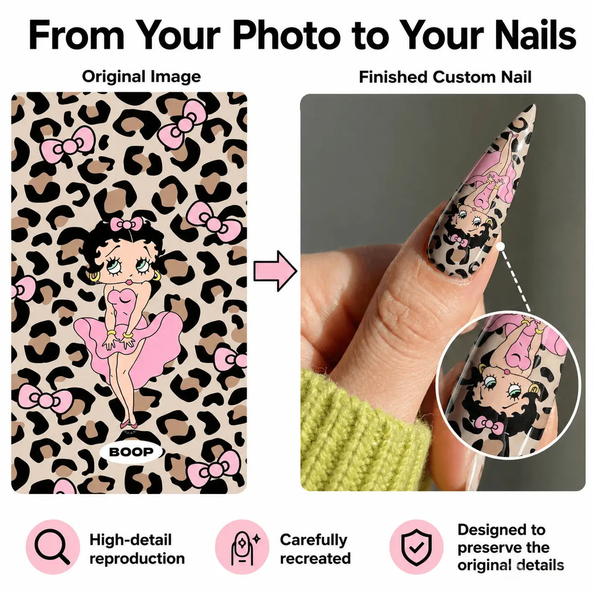 Original Betty Boop leopard artwork transformed into a custom stiletto nail design.
