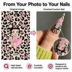 Original Betty Boop leopard artwork transformed into a custom stiletto nail design.