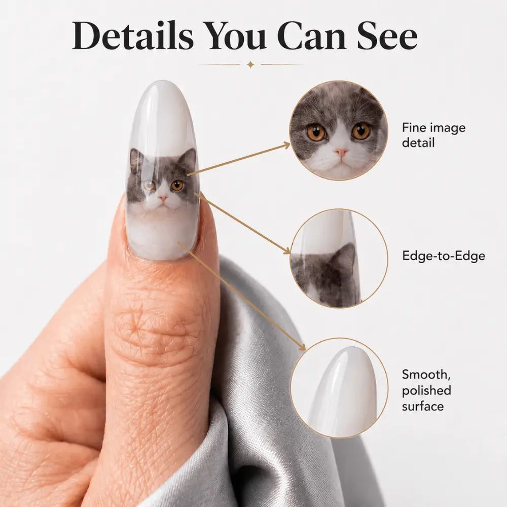 Close-up of high-definition cat portrait printing on a custom press-on nail.