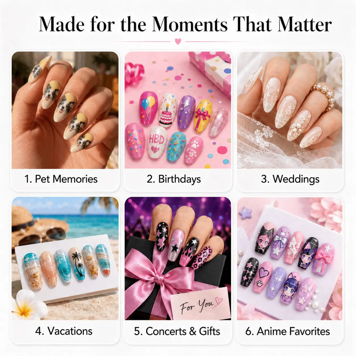 Custom press-on nail ideas for pet memories, birthdays, weddings, vacations, concerts, gifts, and anime designs.