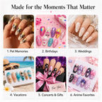 Custom press-on nail ideas for pet memories, birthdays, weddings, vacations, concerts, gifts, and anime designs.