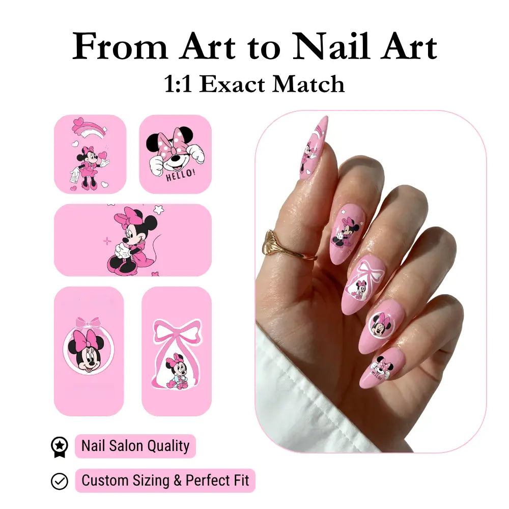 Pink Minnie Mouse artwork transformed into a custom press-on nail set.