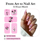Pink Minnie Mouse artwork transformed into a custom press-on nail set.