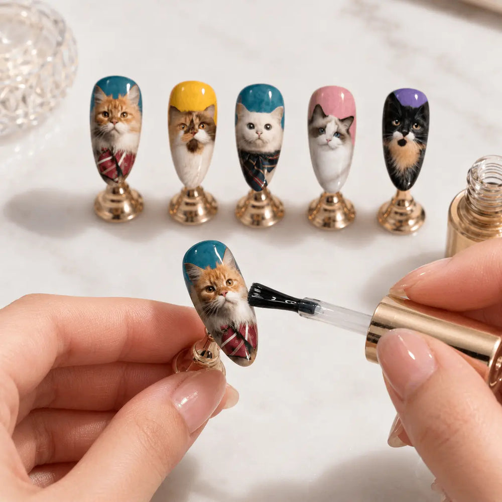 Hand-finishing a custom press-on nail set with gel