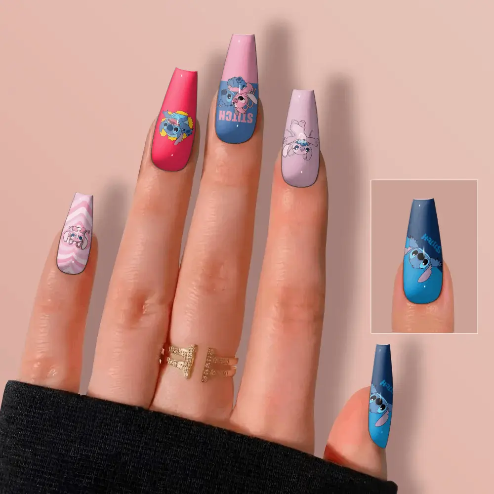 Blue and pink Stitch-inspired custom press-on nails