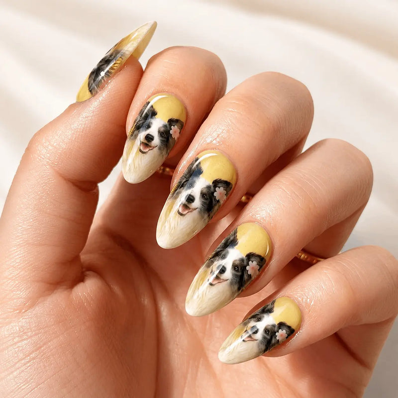 Finished pet portrait press-on nail set