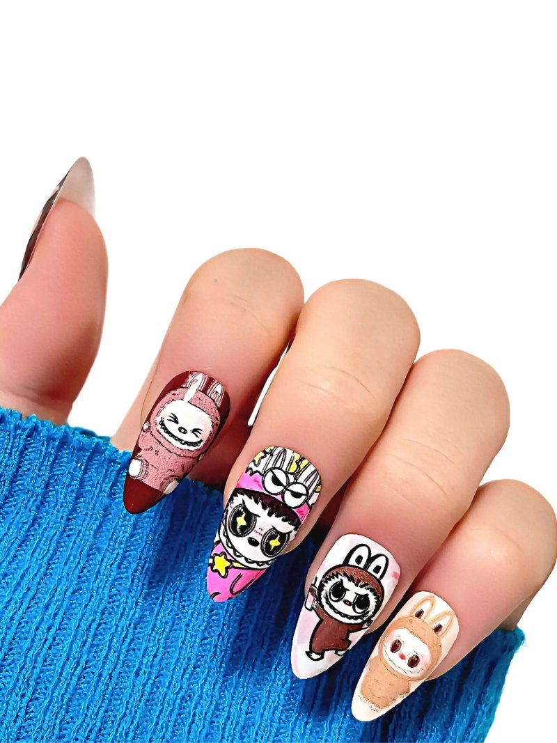 Labubu press-on nails close-up view