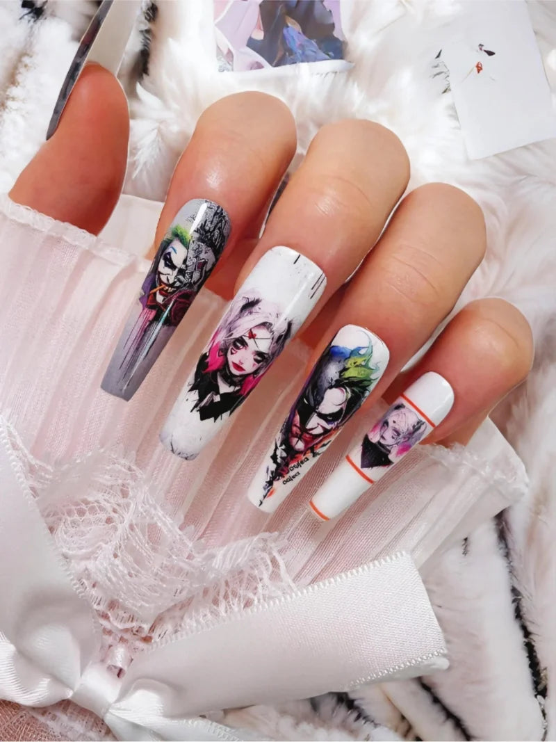 Clown press-on nails close-up view