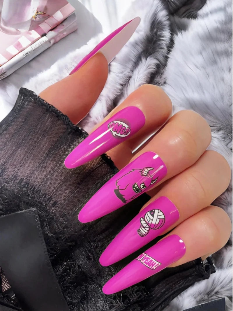 Pink Devil press-on nails close-up view