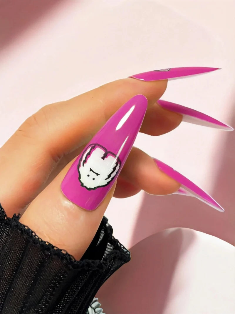 Pink Devil press-on nails detail view