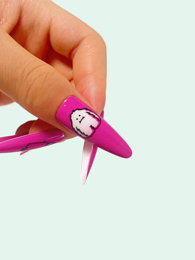 Pink Devil press-on nails design close-up