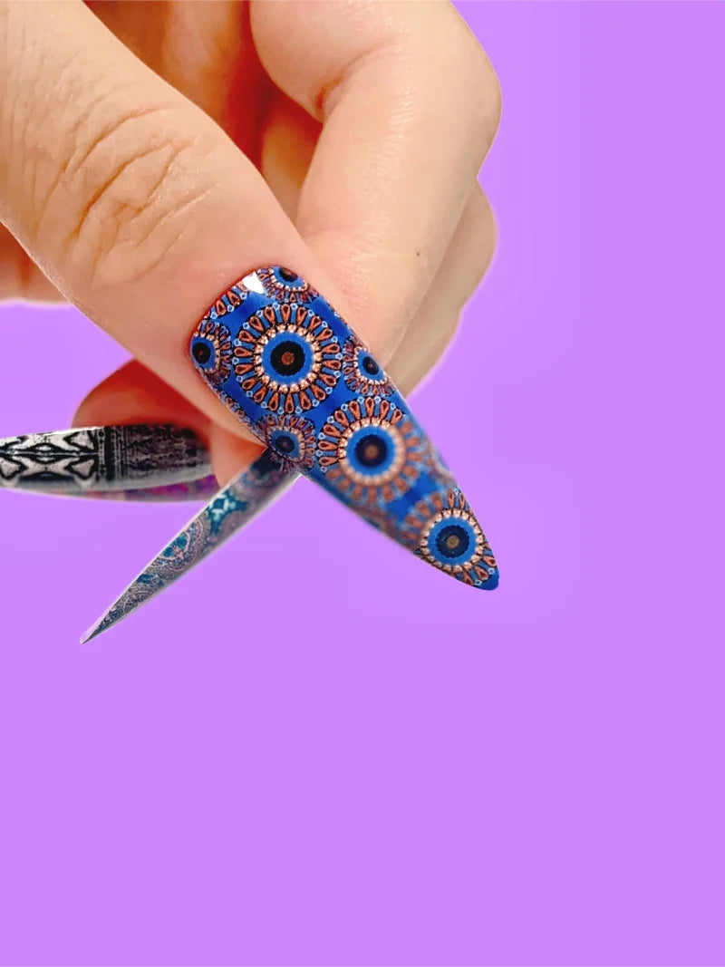Sketch press-on nails close-up view