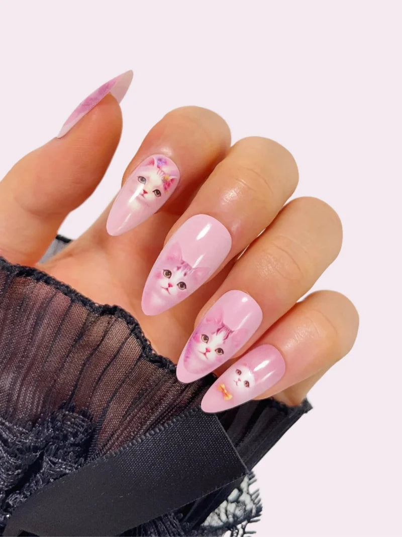 Pink Cat press-on nails close-up view