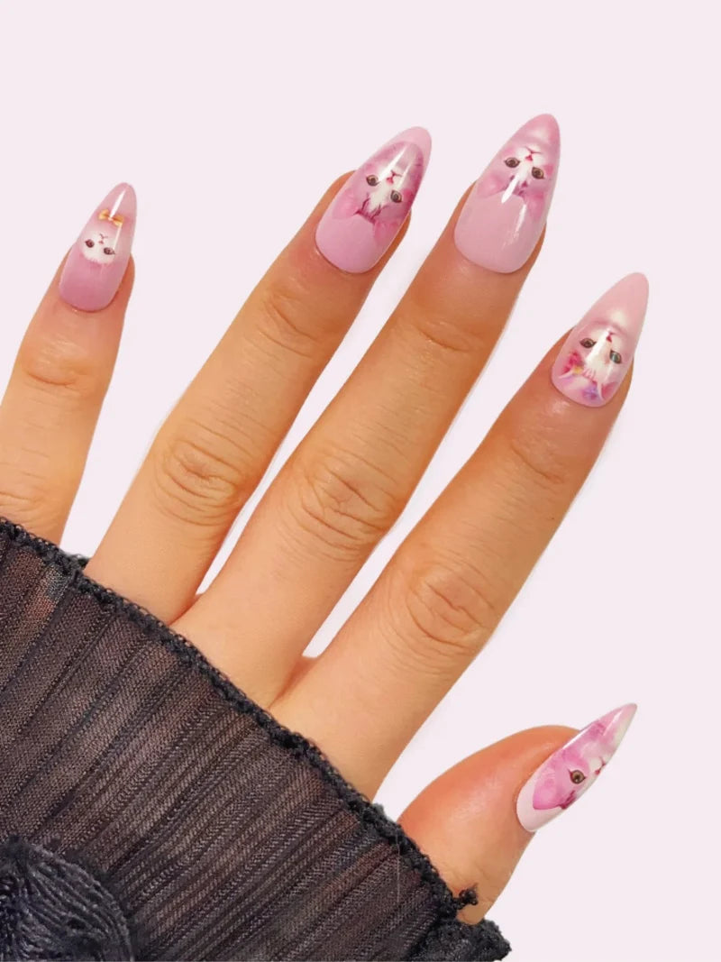 Pink Cat press-on nails detail view
