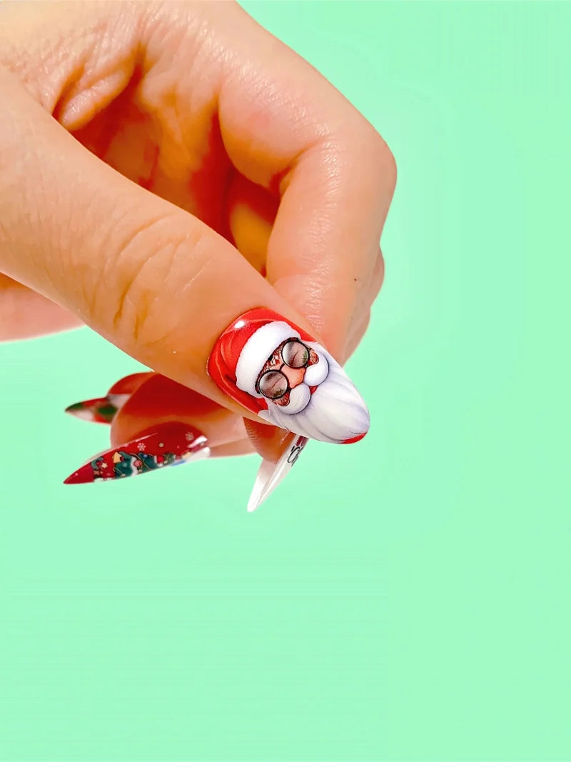 Santa Claus press-on nails close-up view