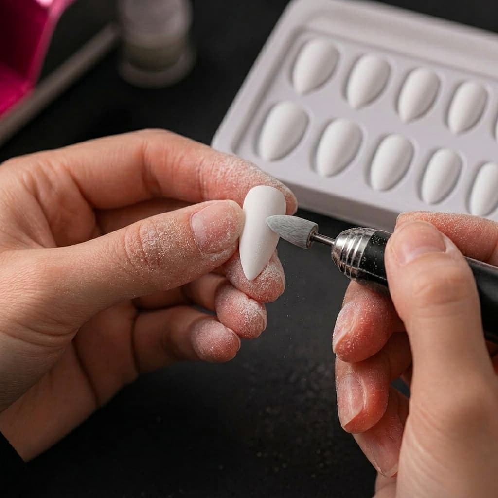Press-on nail tip being shaped and smoothed by hand