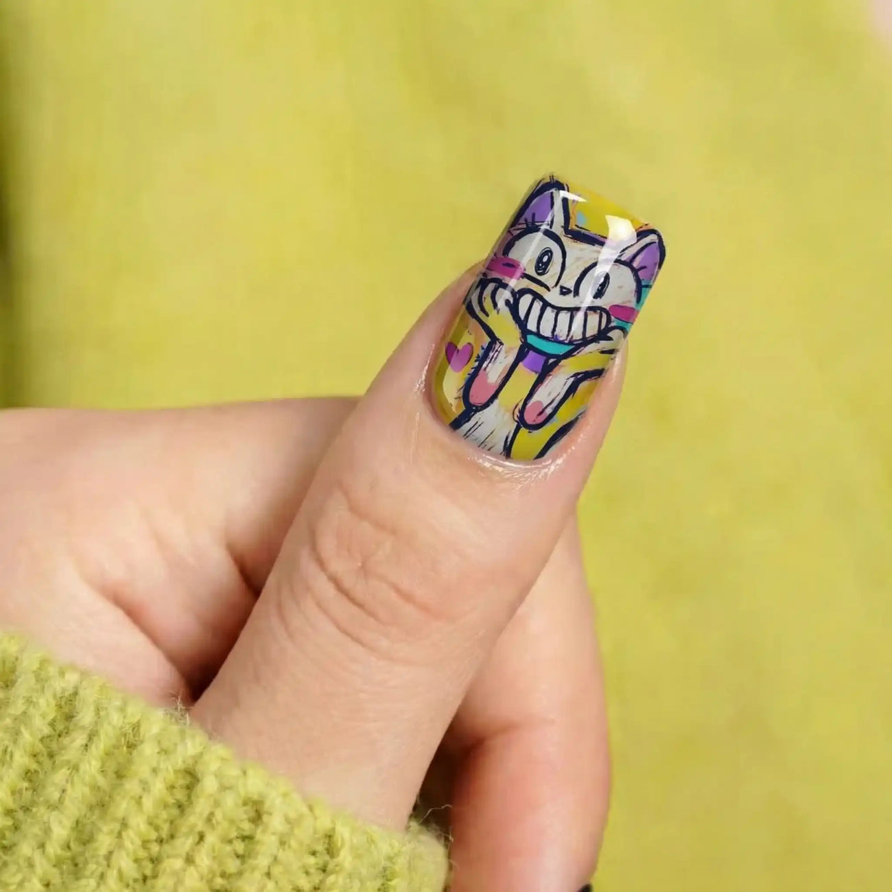 Cute cartoon square press-on nails with glossy short handmade nail art detail view 2