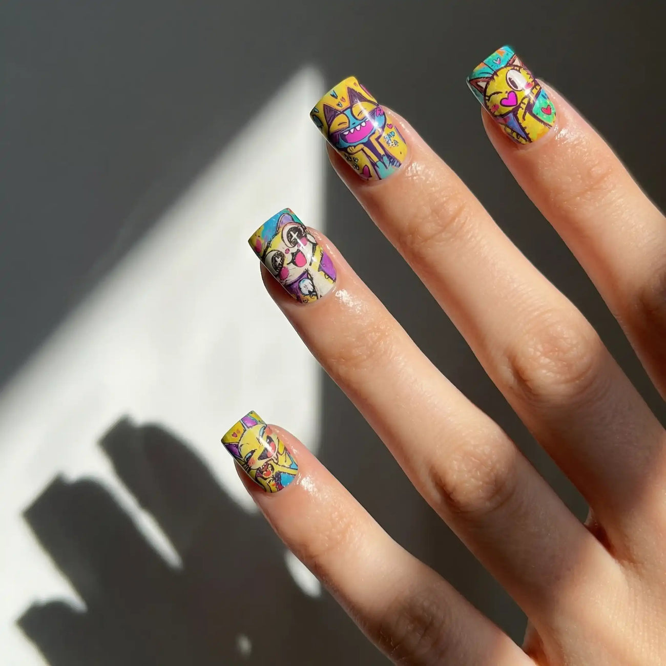 Cute cartoon square press-on nails with glossy short handmade nail art detail view 4