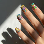Cute cartoon square press-on nails with glossy short handmade nail art detail view 4