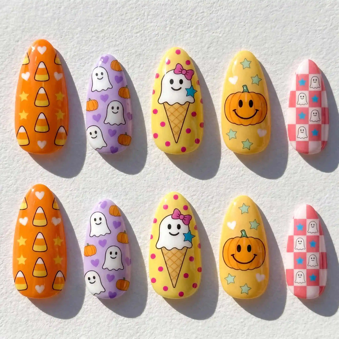 candy corn and ghost halloween almond press on nails — spooky season design